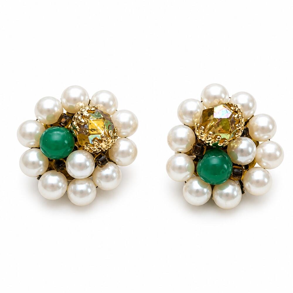 Mid Century Japan Signed Pearl Amber AB Rhinestone Clip Ons
